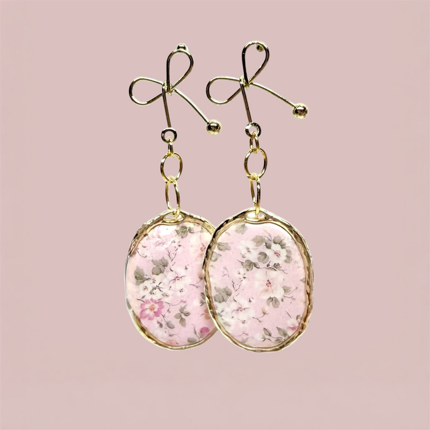 Blush Floral with Gold Bow Ribbon Dangles
