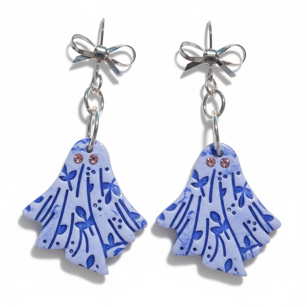 Purple Ghost Bow Earrings - Handcrafted Polymer Clay