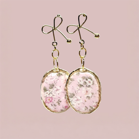 Blush Floral with Gold Bow Ribbon Dangles