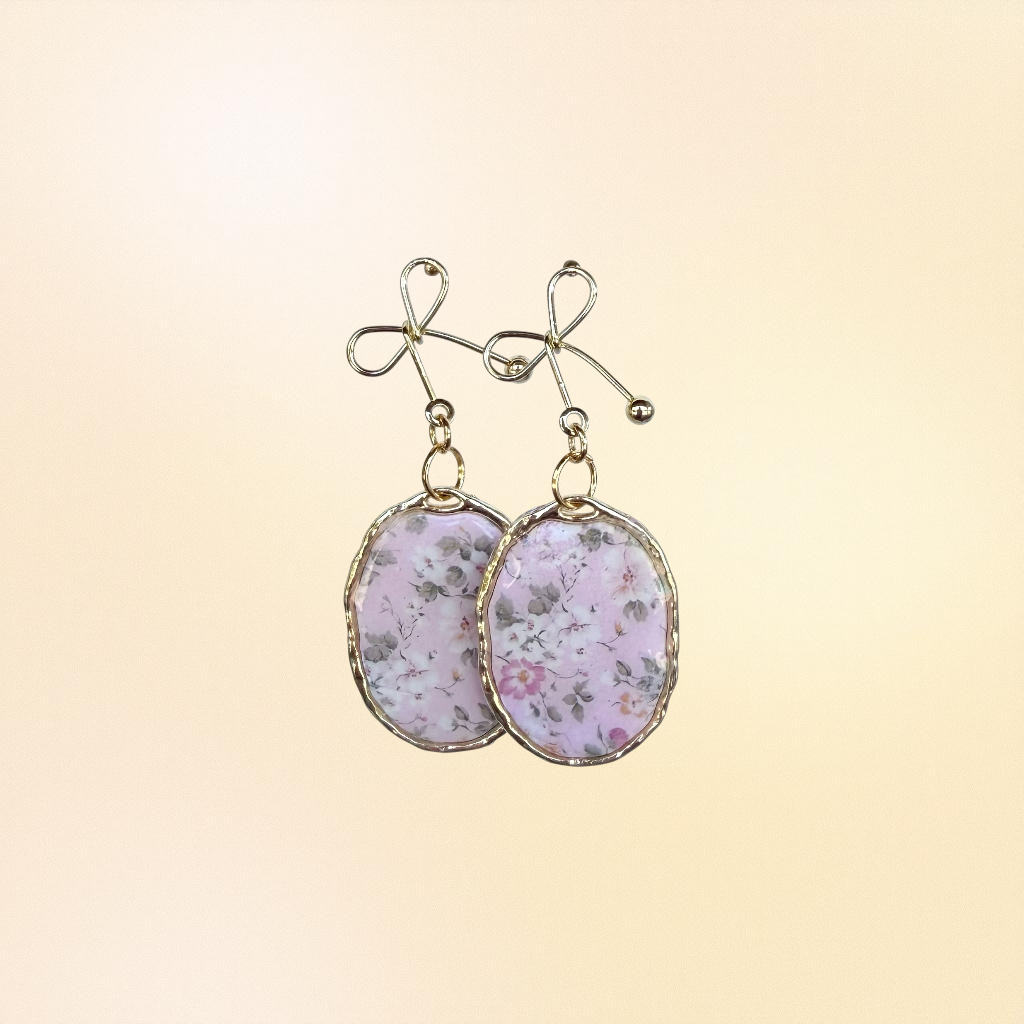 Blush Floral with Gold Bow Ribbon Dangles